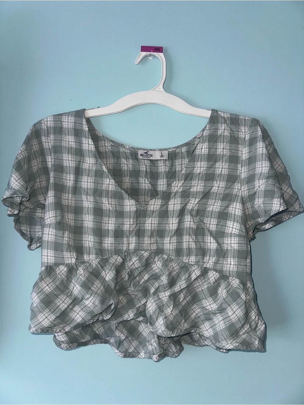Hollister Sage and White Plaid Peplum Crop Top